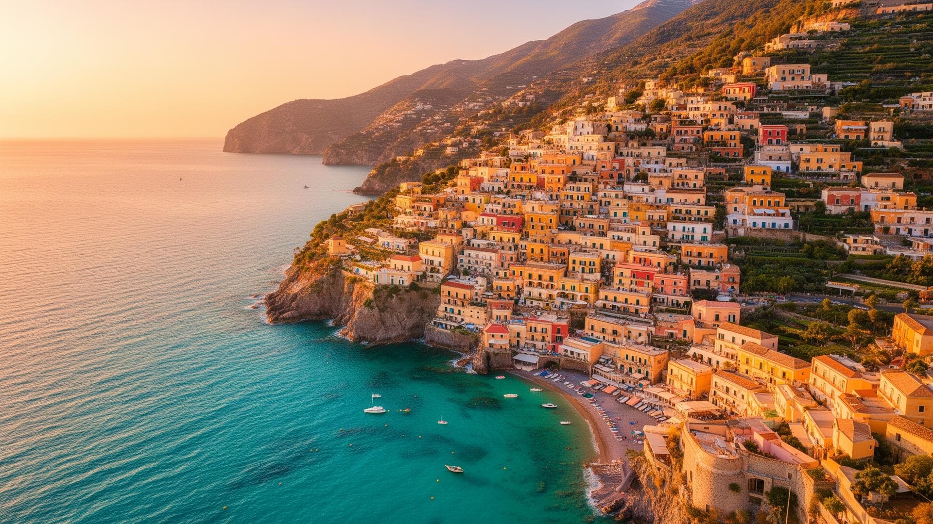 Coastal hillside town with warm evening light